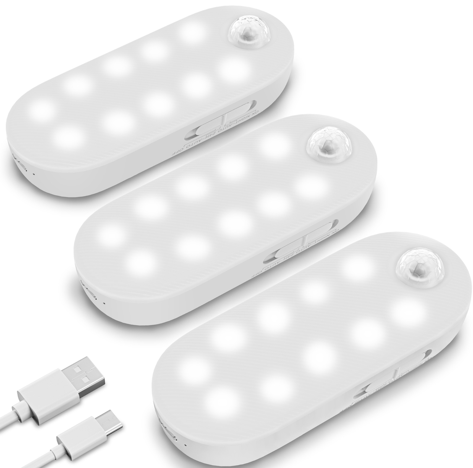 Trois réglettes lumineuses aimantées allumées, avec leur détecteur et leur câble de recharge USB