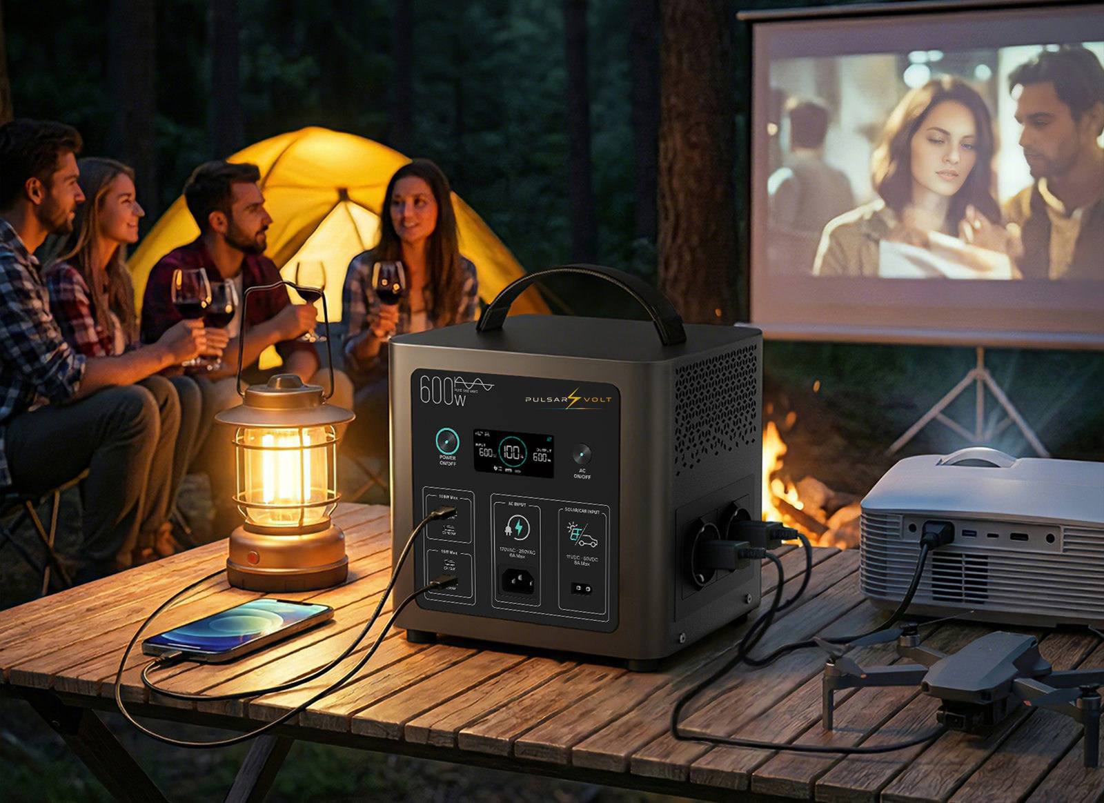 Station solaire portable alimentant une soirée en camping