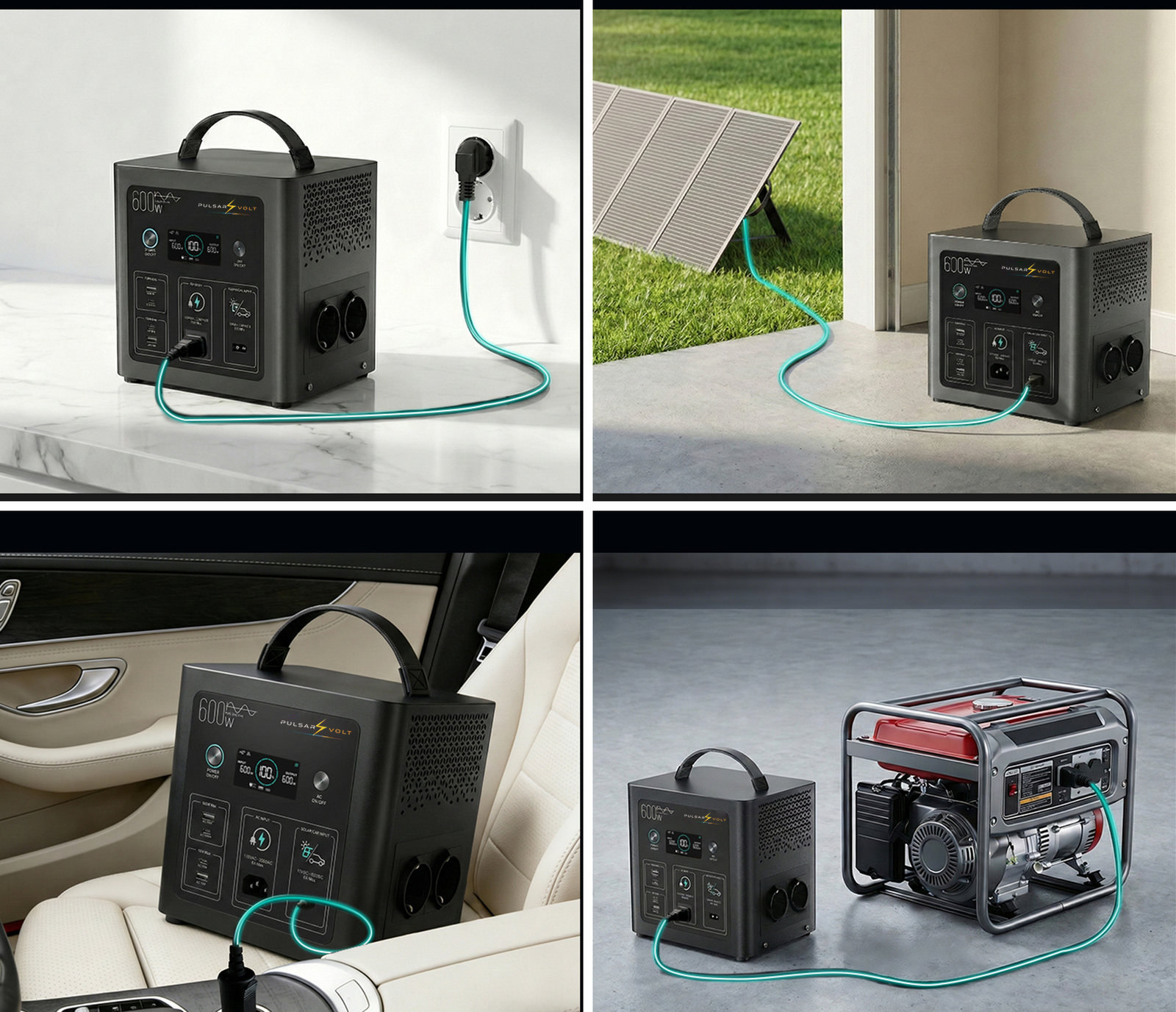 Les quatre façons de recharger la station M600 : prise murale, panneau solaire, allume-cigare et groupe électrogène